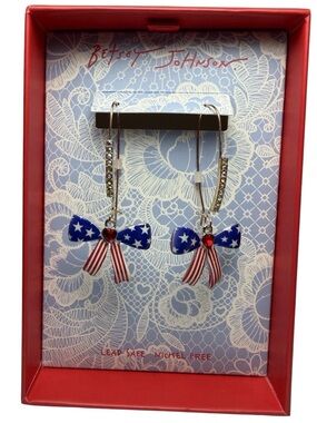 BETSEY JOHNSON Americana Patriotic Red, White & Blue Bow Drop Earrings NEW NWT